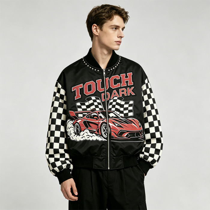 Patchwork Screen Print Applique with Rivet Jacket | Vintage Racing Jacket | Checkered Sleeve | Clothing Manufacturer