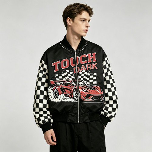 Patchwork Screen Print Applique with Rivet Jacket | Vintage Racing Jacket | Checkered Sleeve | Clothing Manufacturer