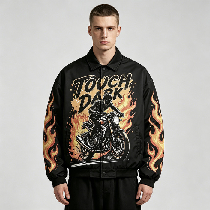 DTG Print and Applique Vintage Racing Jacket | Oversized Flame Graphic Jacket | Custom Streetwear