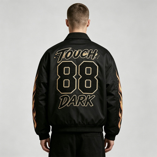 DTG Print and Applique Vintage Racing Jacket | Oversized Flame Graphic Jacket | Custom Streetwear