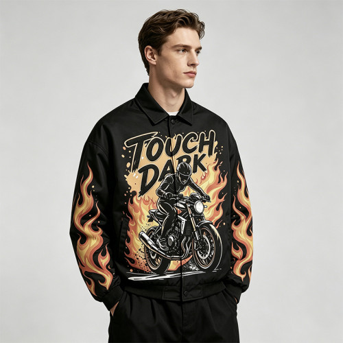 DTG Print and Applique Vintage Racing Jacket | Oversized Flame Graphic Jacket | Custom Streetwear