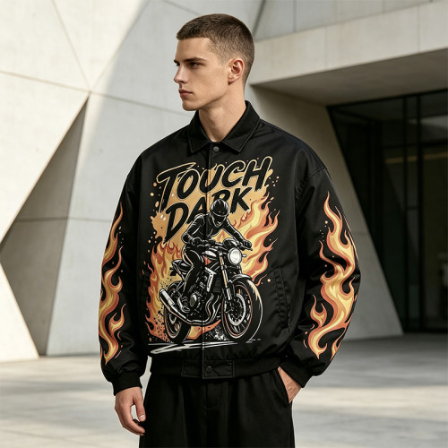 DTG Print and Applique Vintage Racing Jacket | Oversized Flame Graphic Jacket | Custom Streetwear