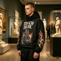 Applique DTG Print Vintage Racing Hooded Jacket | Flame Skeleton Moto Graphic | Custom Streetwear