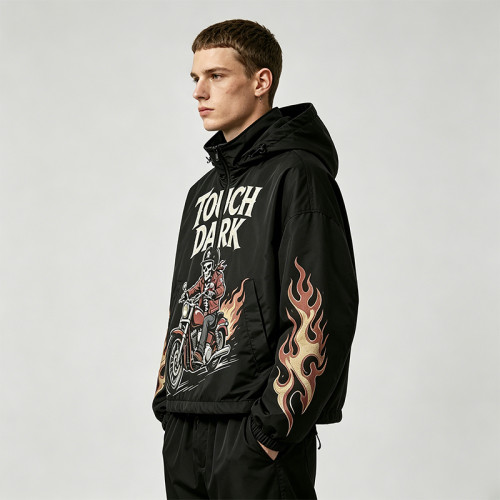 Applique DTG Print Vintage Racing Hooded Jacket | Flame Skeleton Moto Graphic | Custom Streetwear