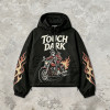 Applique DTG Print Vintage Racing Hooded Jacket | Flame Skeleton Moto Graphic | Custom Streetwear