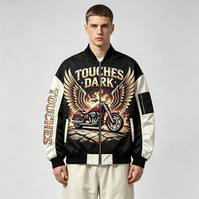 DTG Print Color Block Patchwork Applique Jacket | Retro Wing Graphic Racing Jacket | Clothing Manufacturer