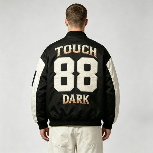 DTG Print Color Block Patchwork Applique Jacket | Retro Wing Graphic Racing Jacket | Clothing Manufacturer