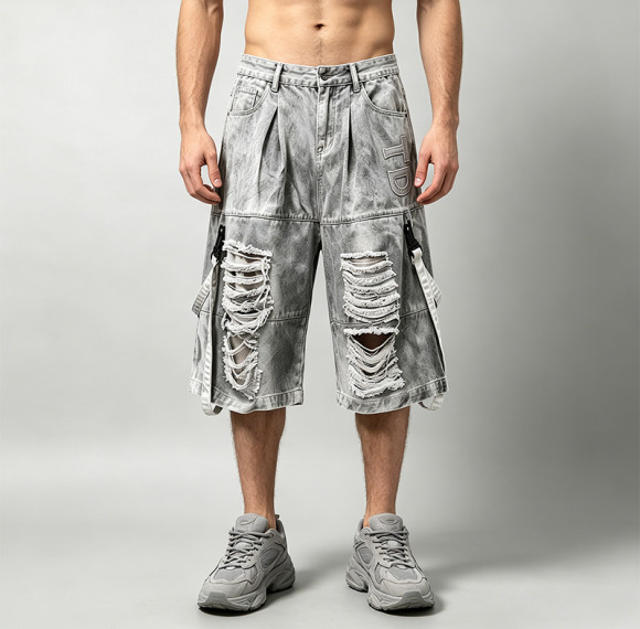 Vintage Washed Spray Dye Applique Cropped Pants | Distressed Ripped Cargo Street Trousers | OEM Streetwear
