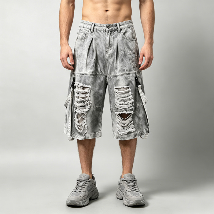 Vintage Washed Spray Dye Applique Cropped Pants | Distressed Ripped Cargo Street Trousers | OEM Streetwear
