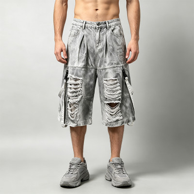 Vintage Washed Spray Dye Applique Cropped Pants | Distressed Ripped Cargo Street Trousers | OEM Streetwear