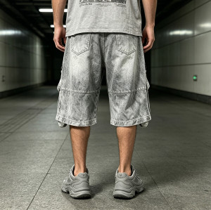 Vintage Washed Spray Dye Applique Cropped Pants | Distressed Ripped Cargo Street Trousers | OEM Streetwear