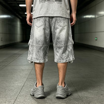 Vintage Washed Spray Dye Applique Cropped Pants | Distressed Ripped Cargo Street Trousers | OEM Streetwear