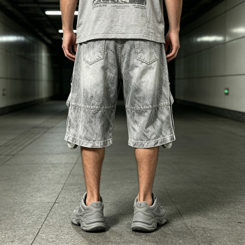Vintage Washed Spray Dye Applique Cropped Pants | Distressed Ripped Cargo Street Trousers | OEM Streetwear