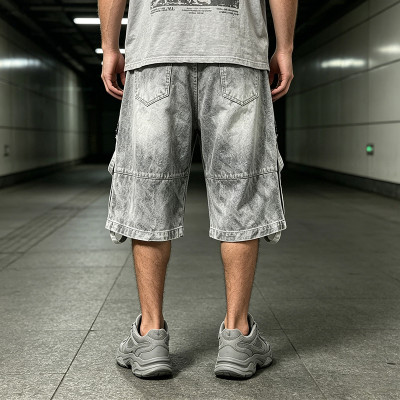 Vintage Washed Spray Dye Applique Cropped Pants | Distressed Ripped Cargo Street Trousers | OEM Streetwear