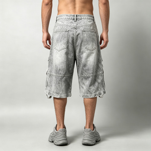 Vintage Washed Spray Dye Applique Cropped Pants | Distressed Ripped Cargo Street Trousers | OEM Streetwear