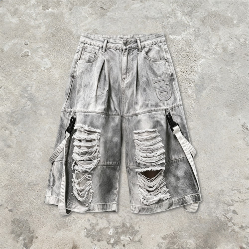 Vintage Washed Spray Dye Applique Cropped Pants | Distressed Ripped Cargo Street Trousers | OEM Streetwear