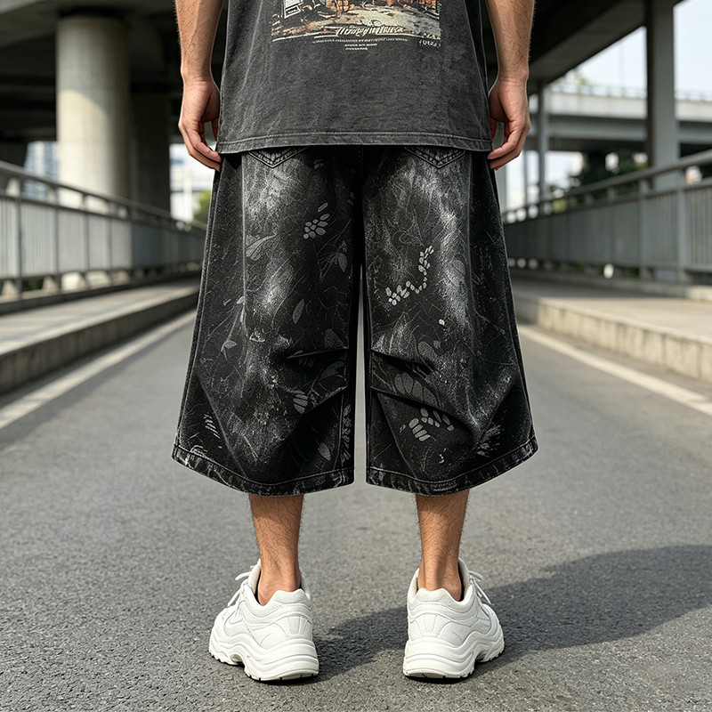Applique Washed Spray Dye Heat Transfer Print Ripped Pants