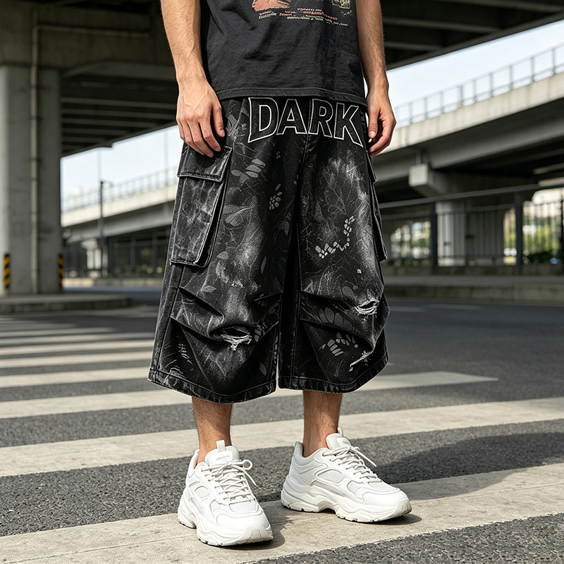 Applique Washed Spray Dye Heat Transfer Print Ripped Pants