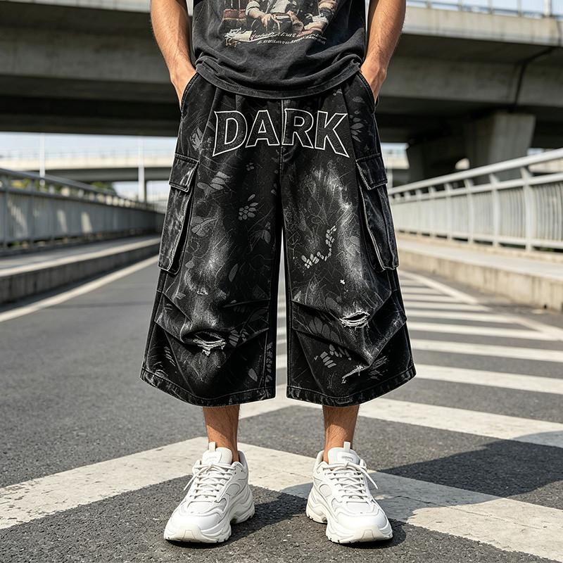 Applique Washed Spray Dye Heat Transfer Print Ripped Pants