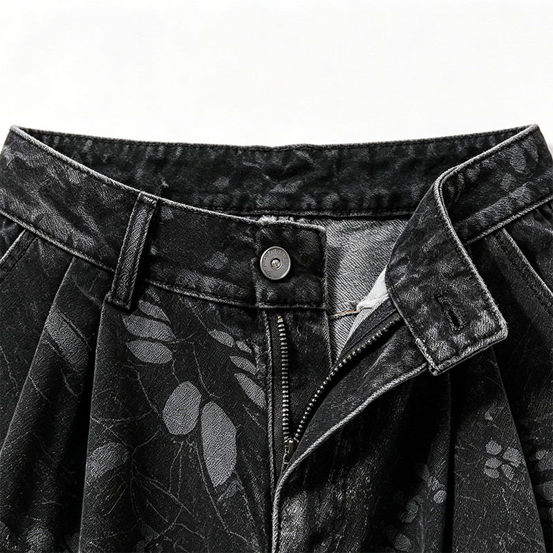 Applique Washed Spray Dye Heat Transfer Print Ripped Pants