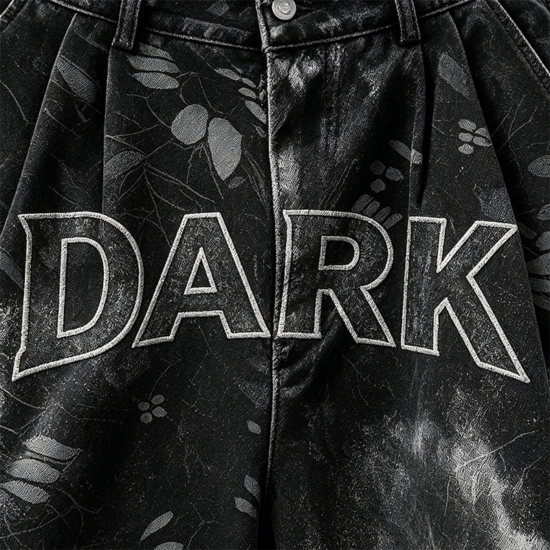 Applique Washed Spray Dye Heat Transfer Print Ripped Pants