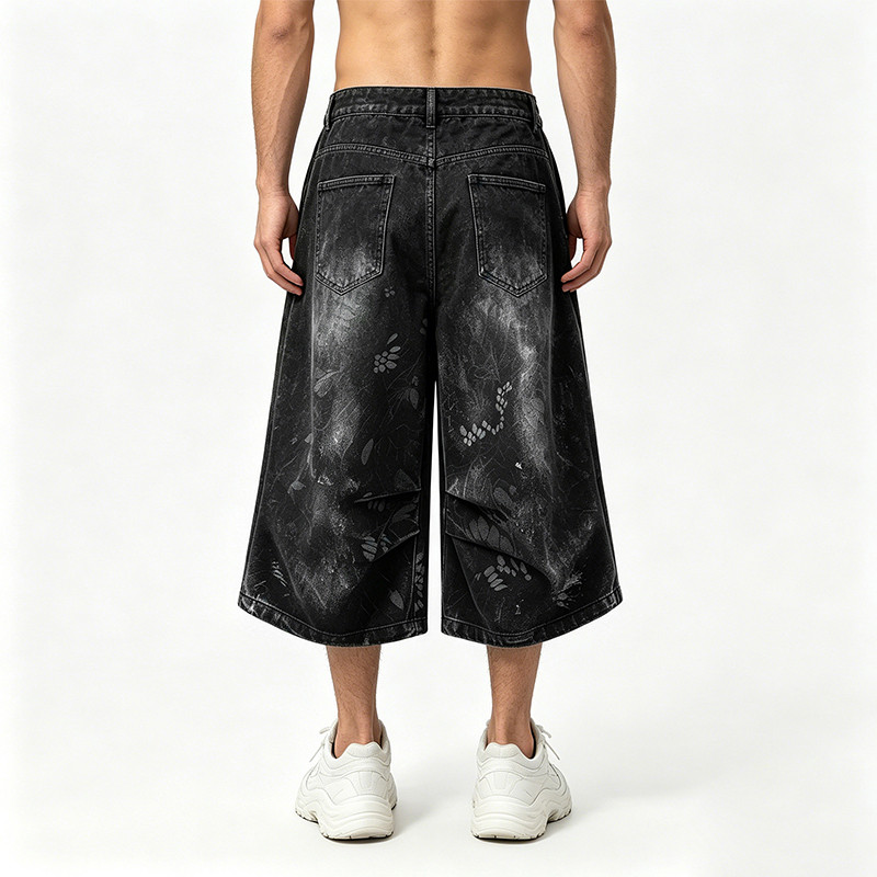 Applique Washed Spray Dye Heat Transfer Print Ripped Pants