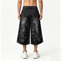 Applique Washed Spray Dye Heat Transfer Print Ripped Pants | Vintage Cargo Wide Leg Denim Cropped shorts | Custom Streetwear