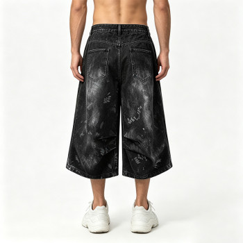 Applique Washed Spray Dye Heat Transfer Print Ripped Pants | Vintage Cargo Wide Leg Denim Cropped shorts | Custom Streetwear