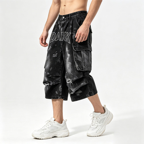 Applique Washed Spray Dye Heat Transfer Print Ripped Pants | Vintage Cargo Wide Leg Denim Cropped shorts | Custom Streetwear