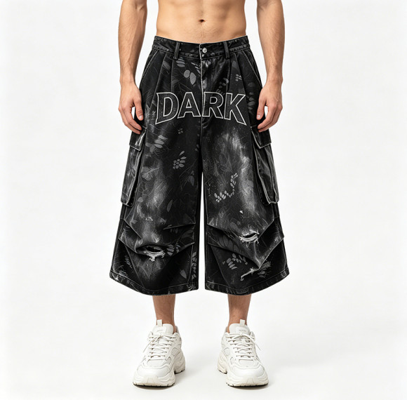 Applique Washed Spray Dye Heat Transfer Print Ripped Pants | Vintage Cargo Wide Leg Denim Cropped shorts | Custom Streetwear