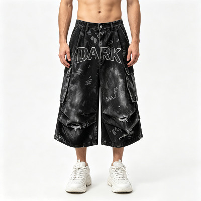 Applique Washed Spray Dye Heat Transfer Print Ripped Pants | Vintage Cargo Wide Leg Denim Cropped shorts | Custom Streetwear