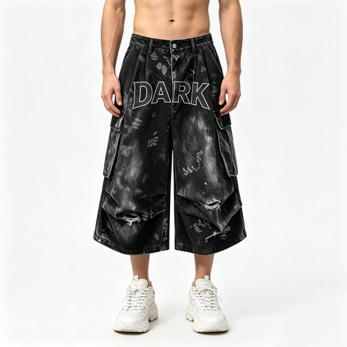 Applique Washed Spray Dye Heat Transfer Print Ripped Pants | Vintage Cargo Wide Leg Denim Cropped shorts | Custom Streetwear