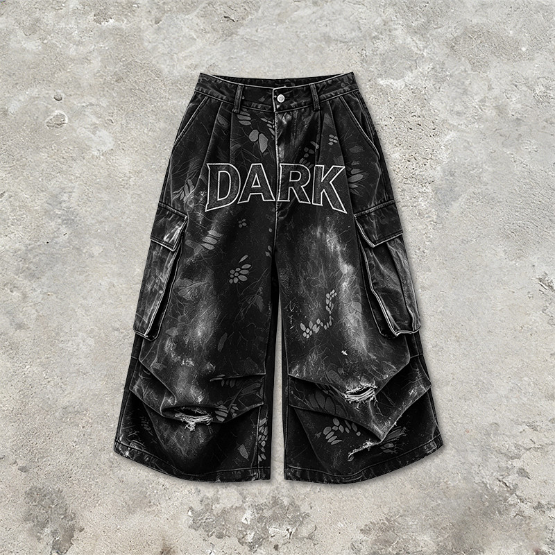 Applique Washed Spray Dye Heat Transfer Print Ripped Pants