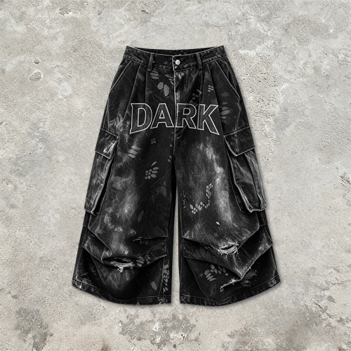 Applique Washed Spray Dye Heat Transfer Print Ripped Pants | Vintage Cargo Wide Leg Denim Cropped shorts | Custom Streetwear