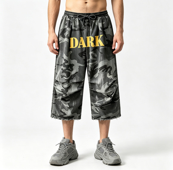 Washed Spray Dye Screen and DTG Print Pants | Distress Ripped | Vintage Camo Cropped Cargo Pants | OEM Streetwear