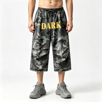 Washed Spray Dye Screen and DTG Print Pants | Distress Ripped | Vintage Camo Cropped Cargo Pants | OEM Streetwear