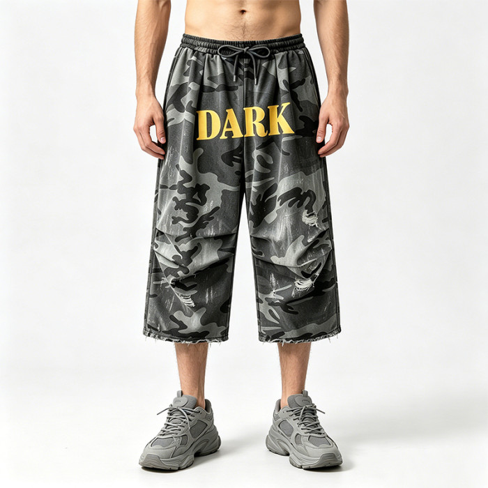 Washed Spray Dye Screen and DTG Print Pants | Distress Ripped | Vintage Camo Cropped Cargo Pants | OEM Streetwear