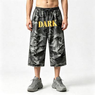Washed Spray Dye Screen and DTG Print Pants | Distress Ripped | Vintage Camo Cropped Cargo Pants | OEM Streetwear
