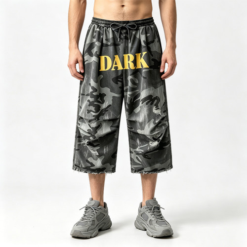Washed Spray Dye Screen and DTG Print Pants | Distress Ripped | Vintage Camo Cropped Cargo Pants | OEM Streetwear
