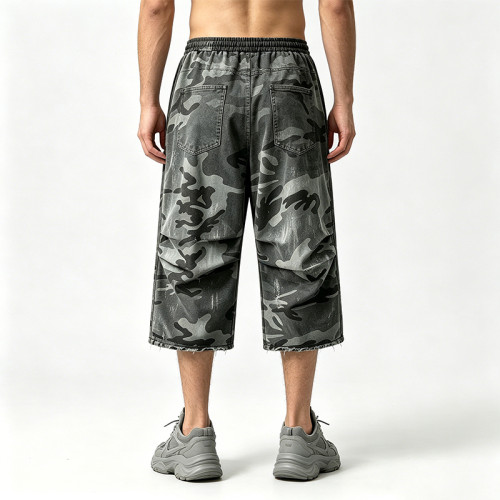 Washed Spray Dye Screen and DTG Print Pants | Distress Ripped | Vintage Camo Cropped Cargo Pants | OEM Streetwear
