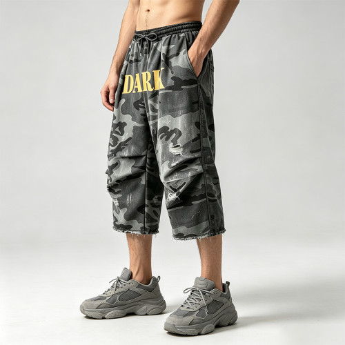 Washed Spray Dye Screen and DTG Print Pants | Distress Ripped | Vintage Camo Cropped Cargo Pants | OEM Streetwear