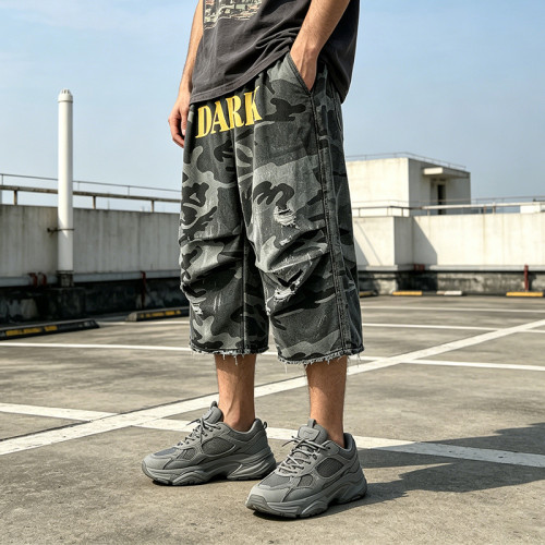 Washed Spray Dye Screen and DTG Print Pants | Distress Ripped | Vintage Camo Cropped Cargo Pants | OEM Streetwear