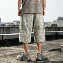 Applique Washed Heat Transfer Print Cropped Jeans | Distressed Ripped Vintage Pants |OEM Streetwear