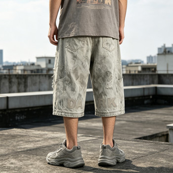 Applique Washed Heat Transfer Print Cropped Jeans | Distressed Ripped Vintage Pants |OEM Streetwear