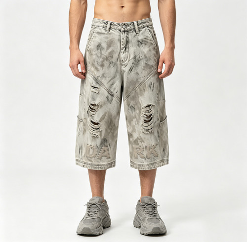 Applique Washed Heat Transfer Print Cropped Jeans | Distressed Ripped Vintage Pants |OEM Streetwear