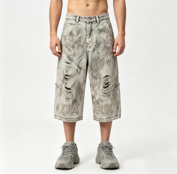 Applique Washed Heat Transfer Print Cropped Jeans | Distressed Ripped Vintage Pants |OEM Streetwear