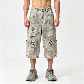 Applique Washed Heat Transfer Print Cropped Jeans | Distressed Ripped Vintage Pants |OEM Streetwear