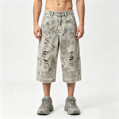 Applique Washed Heat Transfer Print Cropped Jeans | Distressed Ripped Vintage Pants |OEM Streetwear