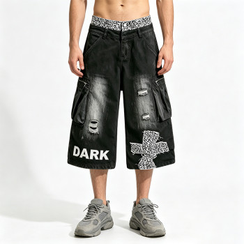 Vintage Washed Leopard Cross Embroidery Patchwork Pants | Distressed Ripped Cropped Jeans | OEM Streetwear