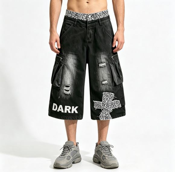 Vintage Washed Leopard Cross Embroidery Patchwork Pants | Distressed Ripped Cropped Jeans | OEM Streetwear